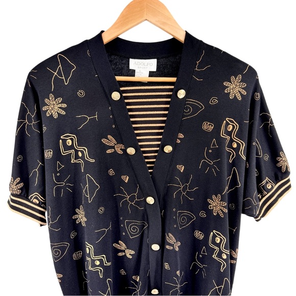 Vintage Adolfo Sport Womens Abstract Print Metallic Gold Top Size XL Black Artsy - Picture 3 of 15